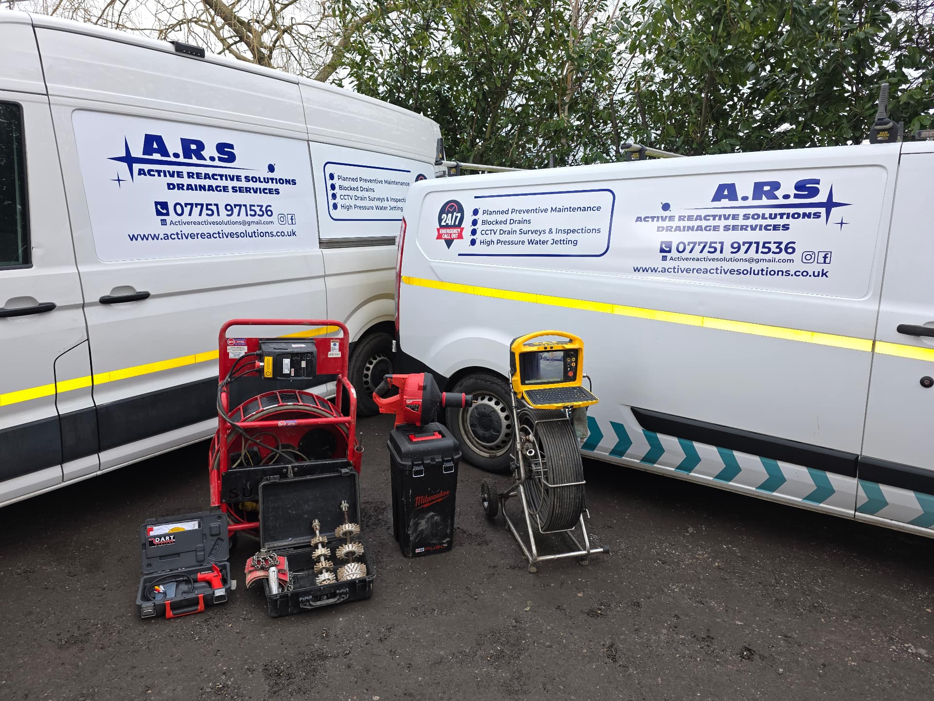 Active Reactive Solutions vans with drainage jetting, CCTV and cutting equipment laid out